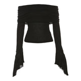 Fashion sexy slash-neck neck backless long sleeve T-shirt for women spring autumn solid color slim stacked trumpet sleeve tops