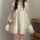 French Elegant Bow Patchwork Loose Dress 2000s Summer Japanese Sweet Kawaii Dress Y2k Harajuku Vintage One Piece Dress Korean