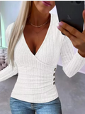 Pbong  V-Neck Long Sleeve T-Shirt Sexy Top Clothes Spring Autumn Lady Button Knit Top Women Solid Color