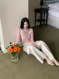 Designer Pink Long Sleeve T Shirt For Woman Fall 2025 Lace Print Funny Tees Cute Mesh Top Kawaii Clothes
