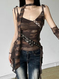 Pbong  Chic Women Tank Summer Mesh Thin Incline Shoulder Vintage Tassel Tie Irregular Slim Tops Girls Stunning Trend Streetwear