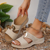 Pbong  Women's Roman Style Platform Sandals Summer New Casual Large Size Slip-On Hollow Out Casual Flats PU Leather Comfortable
