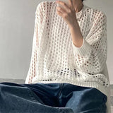 Women Mesh Top Oversized Long Sleeve T-shirts Crew Neck Loose Casual Knit Tees See-Through Openwork Knit Top Women Spring Summer