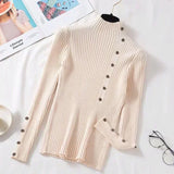 Ribbed Knit Top for Women Pullovers Button Decor Mock Neck Sweater Stretchy Long Sleeve Fitted Jumper Teen-girl Fall Winter