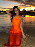 Patchwork Backless Dress Women Lace Flower Appliques Lace-Up Halter Sleeveless Solid Slim Sexy Midnight Club Vestidos