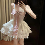 Pbong  Sweet Princess Big Bow Camisole Dress Patchwork High Waist Lace Layered Mini Dress Sexy Backless Party Evening Vestidos