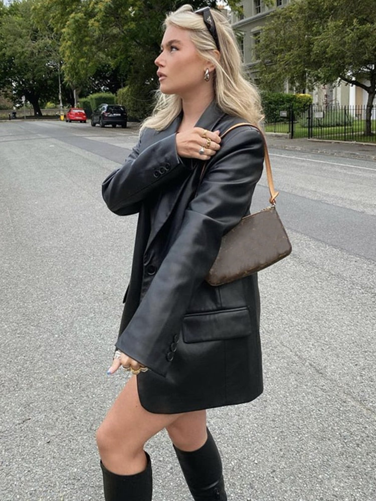 Woman Vintage Black Basic Leather Blazer Autumn Casual Female Solid Long Sleeve Pu Outwear Ladies Cool Straight Blazers