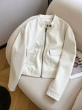 Vintage Biker Women Pu Jackets Streetwear Casual Long Sleeve Y2K Coat American Retro Pockets O Neck Fall Winter Outwear Tops New