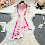 Pbong  Chic Fashion Sexy Irregular Wave Edges Knitted Summer Dress Women Elegant Bodycon Party Dress Streetwear Lady Outfits