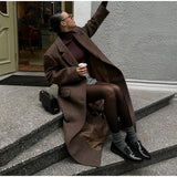Brown Shoulder Pad Woolen Overcoat Women Elegant Lapel Single-breasted Long Sleeve Coat 2025 Autumn Lady Commuter Outerwear