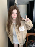 Sweet Bow Korean Jacket Women Fall Preppy Style Cute Long Sleeve Coat Vintage Casual O Neck Loose Female Pockets Tops New