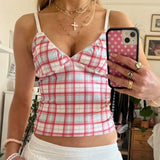 Y2k Plaid Cami Top 2000s Retro V Neck Sleeveless Shirt Vest Women Coquette Slilm Fit Crop Tops Vintage Cyber Grunge Tank Tops