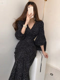 Pbong  Maxi Dresses for Women V-neck Elegant Vestidos Feminino Bandage Slim Waist Robe Puff Sleeve Vintage Korean Chic Dot Dress