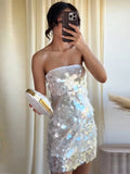 Pbong  Chic Sequined Women's Dress Sleeveless Tube Top Slim Mini Dresses Summer Autumn Fashion Female Vacation Holiday Robe New