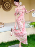 Womens Pink Floral Chic Off Shoulder Sexy Sling Long Dress Summer Elegant Ruffled Casual Dress 2025 Korena Fashion Bodycon Dress