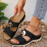 Pbong  Women's Roman Style Platform Sandals Summer New Casual Large Size Slip-On Hollow Out Casual Flats PU Leather Comfortable