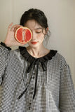 Vintage Sweet Plaid Shirts Women Casual Loose Ruffles Japan Blouse Spring Elegant Long Sleeve Female Cute Preppy Style Top