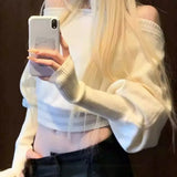Pbong  Cozy Style Autumn New Loose Casual Shoulder Bared Knitted Sweater Long Sleeve Batwing Sleeve Overhead for Women Comfortable