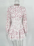 V-Neck Printed Lace Mini Dress Female Ruffled Fashion High Waist Slim Bandage Summer Short Luxury Party Women's Mini Dress
