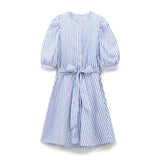 Stripe Puff Sleeve All-match Women Dress With Belt 2025 New Round Neck Casual Short Dress A-line Elegant Chic Female Vestidos