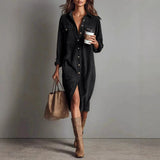 Pbong  New Fall Retro Solid Ribbed Corduroy Dress Woman Elegant Single Breasted Lapel Shirt Dresses Long Sleeve Slit Clothing