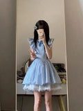 Pbong  Cute Sweet Blue Plaid Dress Women Elegant 3D Floral Flying Sleeve Mini Dress Japan Vintage Slim Kawaii Lace Patchwork Dress