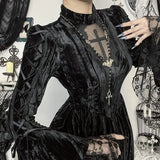 Mall Goth Fairycore Gothic Dress Women Aesthetic Lace Patchwork Flare Sleeve High Waist Dress Halloween Dark Partywear
