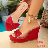 Pbong  Sweet Bowknot Super High Heels Red Sandals Women Summer Pvc Wedge Heel Platform Faux Suede Slippers Ladies Vacation Shoes 43