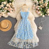 Women Dress 2025 New Korean Fashion Floral Print Spaghetti Straps Mesh Party Dress Vacation Style Lady Beach Vestidos