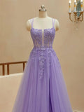Pbong  Lace Applique Sparkly Tulle Prom Dresses for Women with Slit Spaghetti Straps Backless A Line Long Ball Gown
