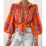 Pbong  Office ladies elegant top, fashionable button up long sleeved shirt, retro women's printed lantern sleeve shirt