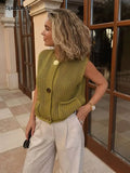 Solid Metal Single Breasted Knitted O-neck Vest Women Casual Hollow Out Sleeveless Cardigan Ladies High Street Knitwear
