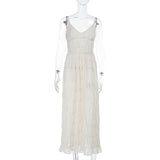Summer See Through Dresses V-Neck Sleeveless High Waist Patchwork Spaghetti Backless Party Dress Women 2025 Beachwear Maxi Dress