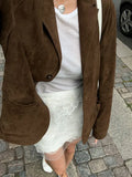 Women Fashion Brown Suede Coat Casual Lapel Long Sleeve Button With Pocket Jacket Lady Autumn Warm High Street Outerwear