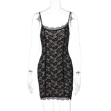 Lace Spaghetti Strap Sexy Mini Dress For Women Robe Fashion Off-shoulder Sleeveless Backless Floral Print Skinny Dress