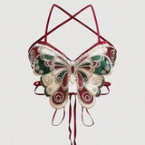 Women's Butterfly Embroidered Top Backless Adjustable Navel Baring Sexy Cropped TopSleeveless Camisole Sexy Daily Y2K Top