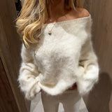 Fluffy Mohair Off Shoulder Cropped Sweater Oversize Slouchy Long Sleeve 2025 Autumn Cozy Women Knit Top Trendy Sweet Lady Jumper