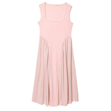 Summer New European And American Style Solid A-line Pink Strap Dress Fashion Elegant Square Collar Women Summer Long Dress