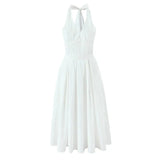 White Deep V-back Hanging Neck Sexy Long Dress High Waist Vacation Beach Summer Dress Fashion Solid Color A-line Party Dress