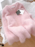 Sweet Elegant Pink Sweater Women Loose Faux Mink Cashmere Knitted Jumpers Soft Vintage Long Sleeve O Neck Japan Cute Tops