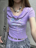 Pbong  Y2k Aesthetic Vintage Summer Printing Tees Slash Neck Streetwear Purple Tshirts Women Harajuku Grunge Bottoming Sexy Crop Tops