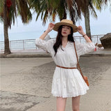 Lantern Sleeve White Vacation Short Dress A-line Loose Fashion Summer Dress Cotton Blend Hollow Out Embroidery  Dresses 2025 New