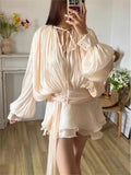 2025 New Fashion Flare Sleeve Satin Short Dress With Tight Shorts Lace-up O-neck Party Women Dress Vacation Beach Summer Cloth