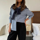 Pbong  Spring Summer New Women Chiffon Blouse Casual Loose Turn Down Collar Classic Striped Shirts Versatile Long Sleeved Shirt