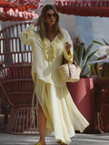 Elegant Casual Ruffles Lace-up Shirts Women Fashion Loose Long Sleeve V Neck Summer Blouse Lady Lightweight Holiday Tops 2025