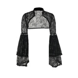 Y2K Gothic Black Lace Mesh See Through Flared Sleeve Smock Vintage Elegant Aesthetic Chains Women Fashion Tops Autumn