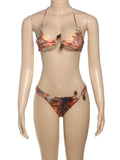 Metal Buckle Patchwork 2 Piece Set Women Fashion Print Lace-Up Halter Bra+Skinny Briefs Vacation Beach Party Outfits