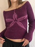 Women's Knit Tops Off Shoulder Slim Sweater Graphic Print Long Sleeve Knitwear Spring Fall Y2K Aesthetic Streetwear