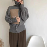 Turtleneck Sweater with Buttons Decor Funnel Neck Pullovers Grey Jumper for Women Ladies Cosy Autumn Winter Casual Outfit