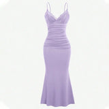 Spaghetti Strap Lace Sexy Maxi Dress For Women Gown Fashion V Neck Sleeveless Backless Ruched Bodycon Long Dress